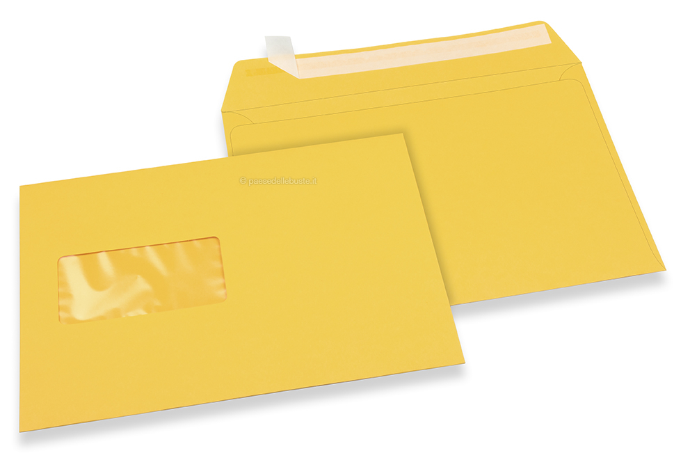 Buste colorate con finestra - Giallo buttercup, 162 x 229 mm (A5), Finestra a sinistra, formato finestra 45 x 90 mm, posizione finestra 20 mm da sinistra / 60 mm da sotto, lembo autoadesivo, carta da 120 grammi.