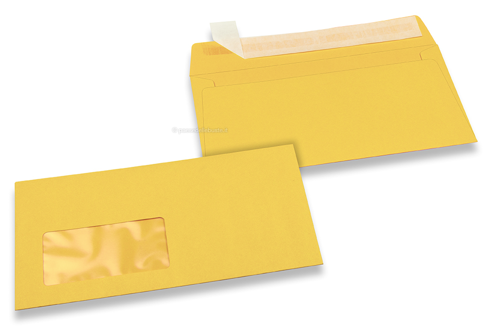 Buste colorate con finestra - Giallo buttercup, 110 x 220 mm (DL), Finestra a sinistra, formato finestra 45 x 90 mm, posizione finestra 20 mm da sinistra / 15 mm da sotto, lembo autoadesivo, carta da 120 grammi.