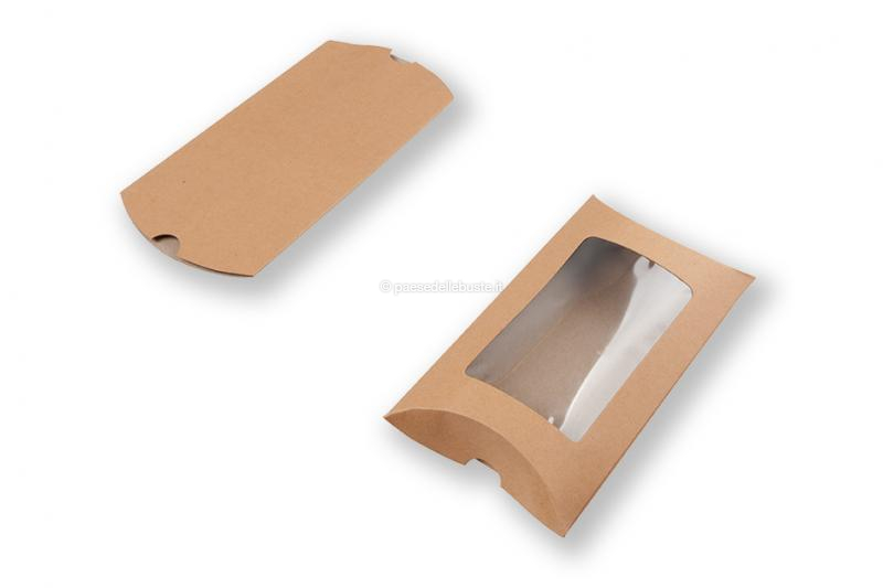 Scatole a cuscino Kraft - 114 x 162 x 35 mm - con finestra 70 x 120 mm