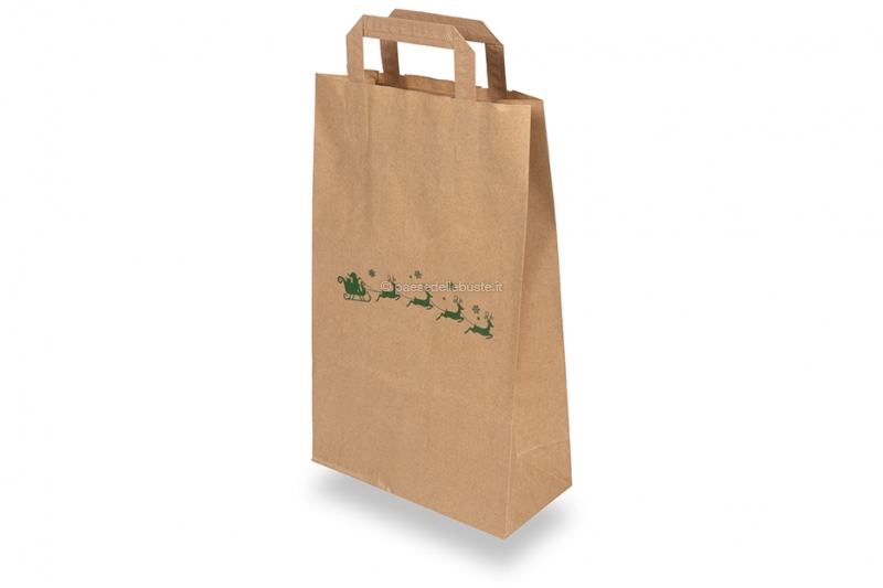 Sacchetti di carta Natalizi marrone - Slitta Natalizia verde