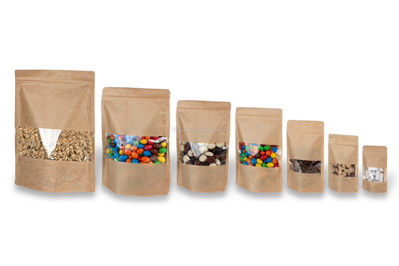 Sacchetti Doypack in carta con finestra - marrone
