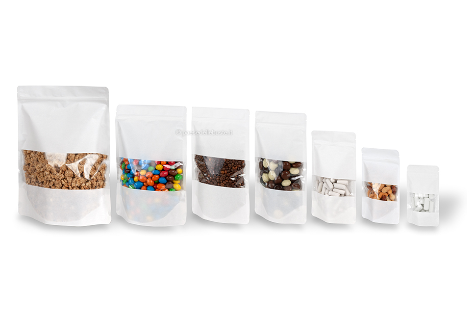 Sacchetti Doypack in carta con finestra - bianco