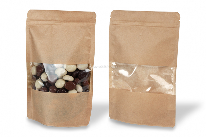 Sacchetti Doypack in carta con finestra - marrone, 180 x 290 x 90 mm, 1000 ml