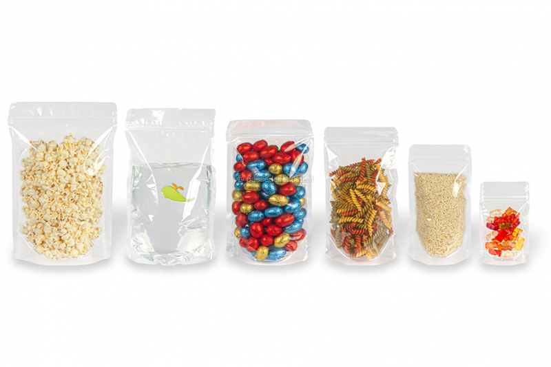 Sacchetti Doypack trasparenti con fondo quadro