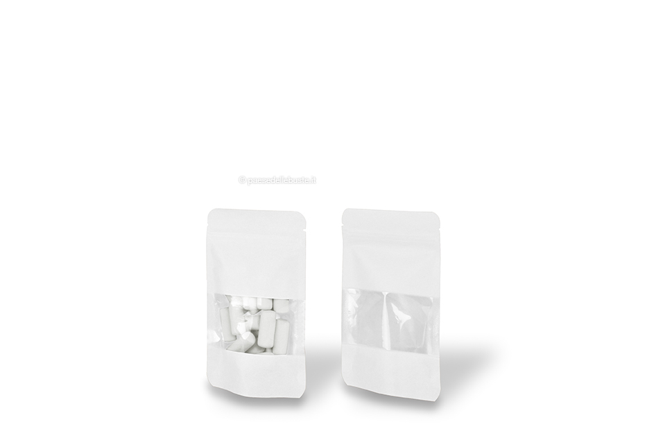 Sacchetti Doypack in carta con finestra - bianco, 85 x 145 x 50 mm, 100 ml