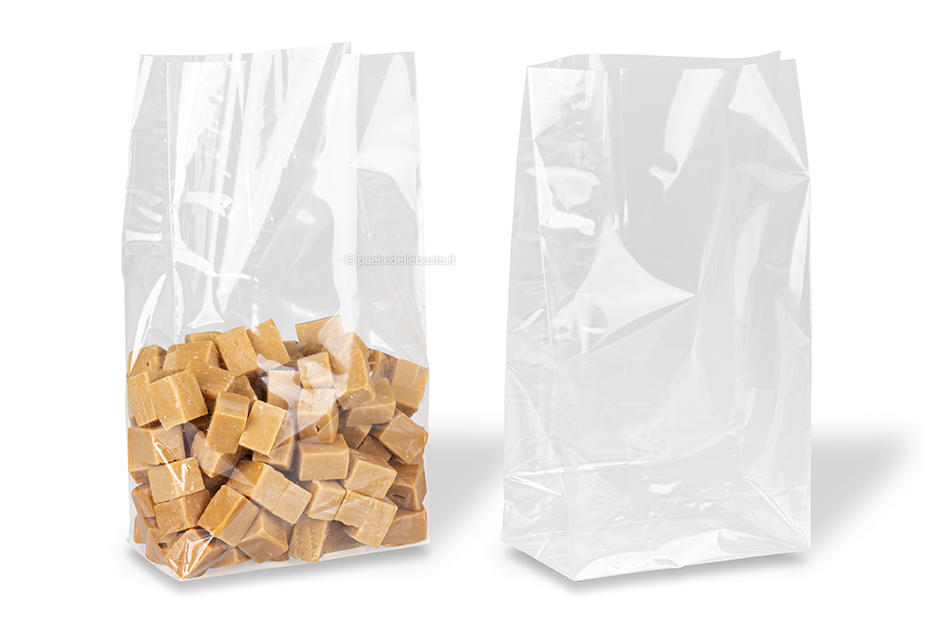 Sacchetti trasparenti per alimenti con fondo quadro - 140 x 260 x 80 mm, 2000 ml