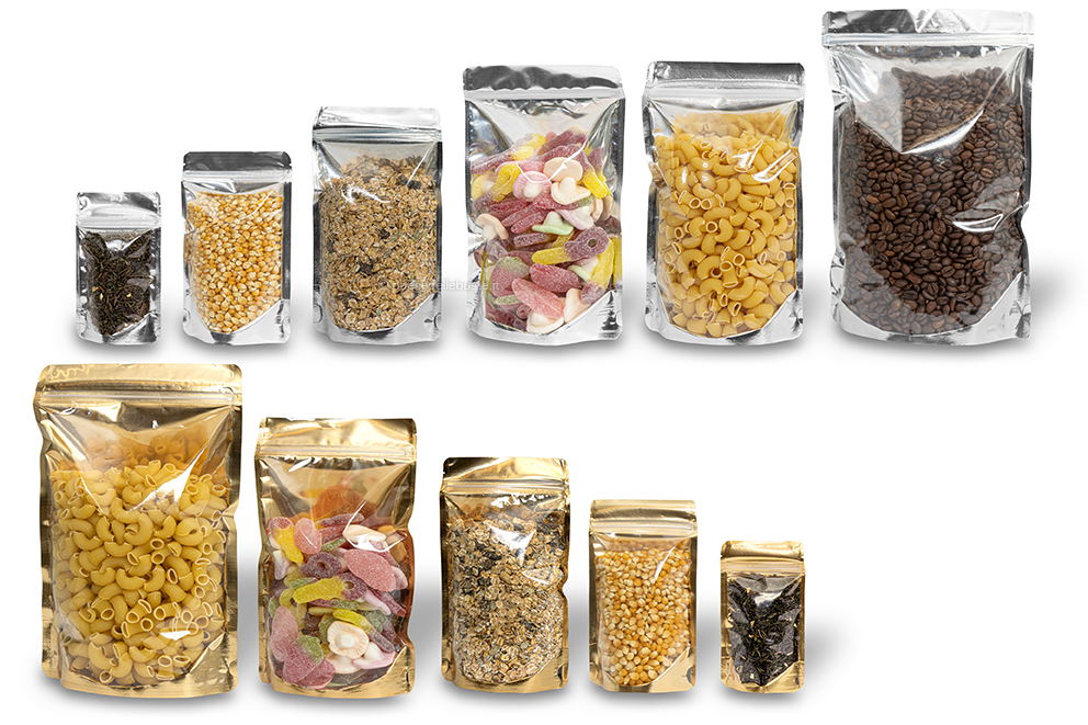 Sacchetti Doypack metallizzati trasparenti - oro metallizzato e argento metallizzato