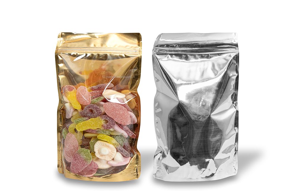 Sacchetti Doypack metallizzati trasparenti - oro metallizzato, 160 x 270 x 80 mm - 750 ml